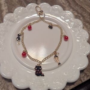 Gold Chain Phone Wristlet with Black Cat Charms Cell Phone Strap